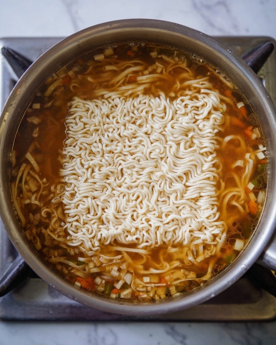 The image shows a pot of soup cooking on a stove with a white marbled texture surface underneath. Inside the pot, there is a clear layer of orange-brown broth filled with ingredients like thin, light yellow noodle strips and small vegetable pieces. On top of these ingredients, there is a thick square block of uncooked curly instant noodles, pale in color, covering the center of the soup. The pot is made of metal, and the scene looks like the start of making a noodle soup. photo taken with an iphone --ar 4:5 --v 7