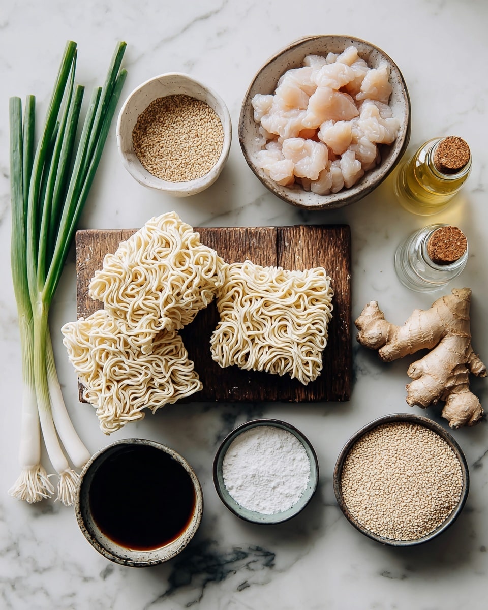 A flat lay of cooking ingredients on a white marbled surface, showing nine items: on the left, three green onions with white bulbs, beside them a small dish of light brown sesame seeds, and above, a bowl filled with pale pink pieces of raw chicken. Centered is a wooden board with two blocks of off-white ramen noodles with a slightly curly texture. To the right are four bowls: a small dark bowl with a bit of brown liquid, a small bowl with white flaky salt, a bowl of white powder flour, and a bowl of beige sesame seeds. Above are two small glass bottles with cork stoppers, one containing a pale yellow liquid and the other a dark soy-like liquid. A small cluster of fresh ginger root sits near the bottom right corner. Photo taken with an iphone --ar 4:5 --v 7