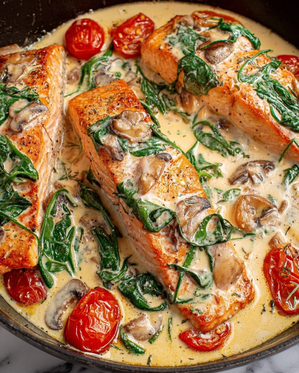The image shows a black cast iron pan filled with three large pieces of cooked salmon, each with a golden brown top layer. The salmon sits in a creamy, light beige sauce that has a smooth texture and is dotted with dark specks of herbs. Mixed within the sauce and on top of the salmon are bright green spinach leaves, whole cherry tomatoes in red and purple shades, and slices of sun-dried tomatoes that look dark brown. The pan is set on a white marbled surface, and a white cloth with blue stripes is seen in the background. The dish appears rich and colorful with a mix of creamy, green, and red layers. photo taken with an iphone --ar 4:5 --v 7