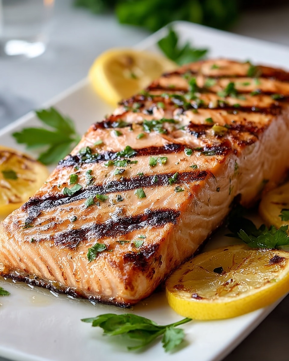 A large piece of grilled salmon with dark brown grill marks on top lies on a white rectangular plate, garnished with small green herb leaves scattered over the fish. Around the salmon, there are several lemon wedges with lightly charred edges and fresh parsley leaves, all on a white marbled surface. The salmon's texture looks moist and slightly flaky, and the colors range from light pink to golden brown. photo taken with an iphone --ar 4:5 --v 7