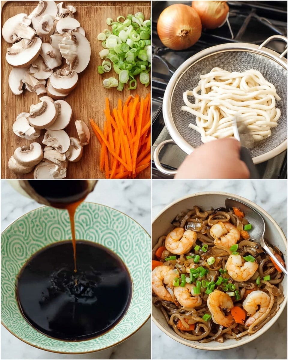 The image shows a cooking process in four parts: top left has three piles of sliced mushrooms in beige color, thin orange carrot sticks, and a woman's hand chopping green onions on a wooden board with whole onions in the background; top right displays thick white udon noodles in a silver metal strainer; bottom left features a light green and white patterned bowl with dark soy sauce and a spoon dripping sauce back into it; bottom right presents a cooked dish with golden brown shrimp, brown udon noodles, mushrooms, orange carrot sticks, and chopped green onions on top. The background surface is white marble texture photo taken with an iphone --ar 4:5 --v 7