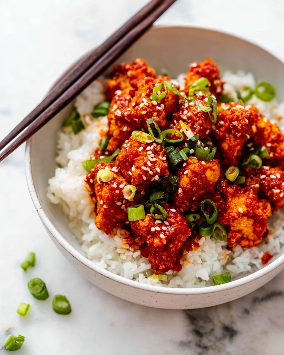A white bowl with two dark brown chopsticks resting on the left side, holding a bright red spicy tofu dish topped with light tan sesame seeds and fresh green chopped spring onions. Below the tofu is a layer of soft, fluffy white rice with scattered sesame seeds and some chopped spring onions around the bowl edge. The bowl sits on a white marbled surface. photo taken with an iphone --ar 4:5 --v 7