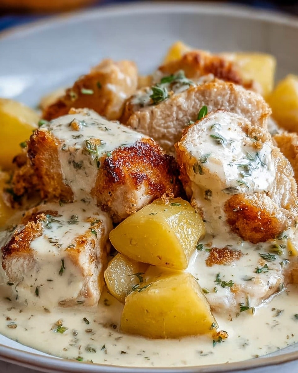 The dish shows golden yellow potato chunks with a slightly crispy surface sitting in a creamy white sauce mixed with green herbs. Surrounding the potatoes are browned, tender pieces of white meat coated in the same creamy sauce, their edges browned and textured. The sauce pools around the potatoes and meat, with a smooth and slightly thick look. Everything is served on a white plate with a thin dark green rim, placed on a white marbled surface. The photo taken with an iphone --ar 4:5 --v 7
