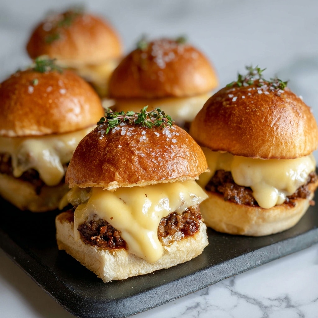 A black pan holds eight small round sliders arranged in a semi-circle, with one slider bun beside them. Each slider has three layers: a light beige bottom bun, a melted orange cheese layer, and a dark, browned meat patty on top, sprinkled with white grated cheese and small green herb pieces. The buns are soft with a light golden color. Fresh green parsley leaves are scattered inside the pan as decoration. The pan sits on a white marbled surface, with a small white bowl of red sauce near the bottom left corner and some more slider buns partially in the frame on the right side. Fresh parsley sprigs are placed at the upper left edge of the scene. photo taken with an iphone --ar 4:5 --v 7