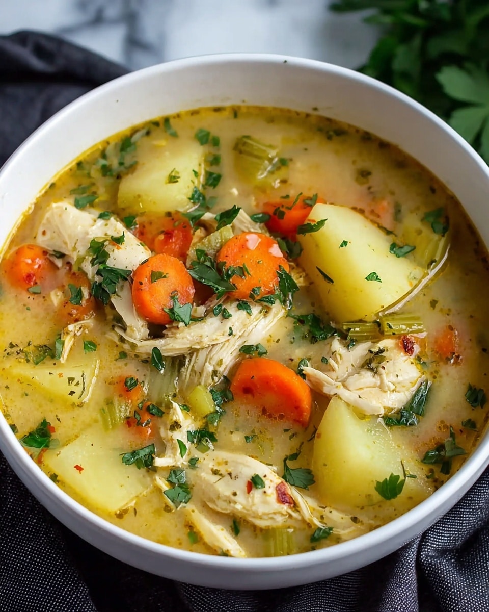 A close-up view of a bowl of clear chicken soup with chunks of white chicken meat in the center on a silver spoon, surrounded by pale yellow potato pieces, bright orange carrot slices, and small green celery pieces floating in light golden broth. The soup is garnished with fresh green parsley leaves scattered across the surface and tiny red chili flakes adding specks of color. The bowl is white, sitting on a white marbled textured surface. photo taken with an iphone --ar 4:5 --v 7