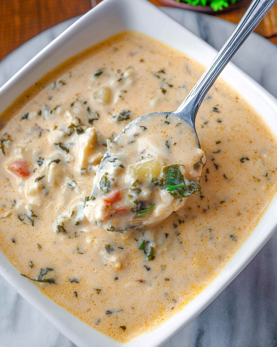 The image shows a creamy sauce cooking in a black pan with visible small chunks mixed in the pale orange sauce. The sauce has a smooth and slightly thick texture with a few green herb pieces scattered throughout. On top, three sprigs of bright green parsley are placed in the center, adding a fresh pop of color against the creamy background. The edge of the pan has a rough texture, and the photo is taken on a white marbled surface. Photo taken with an iphone --ar 4:5 --v 7