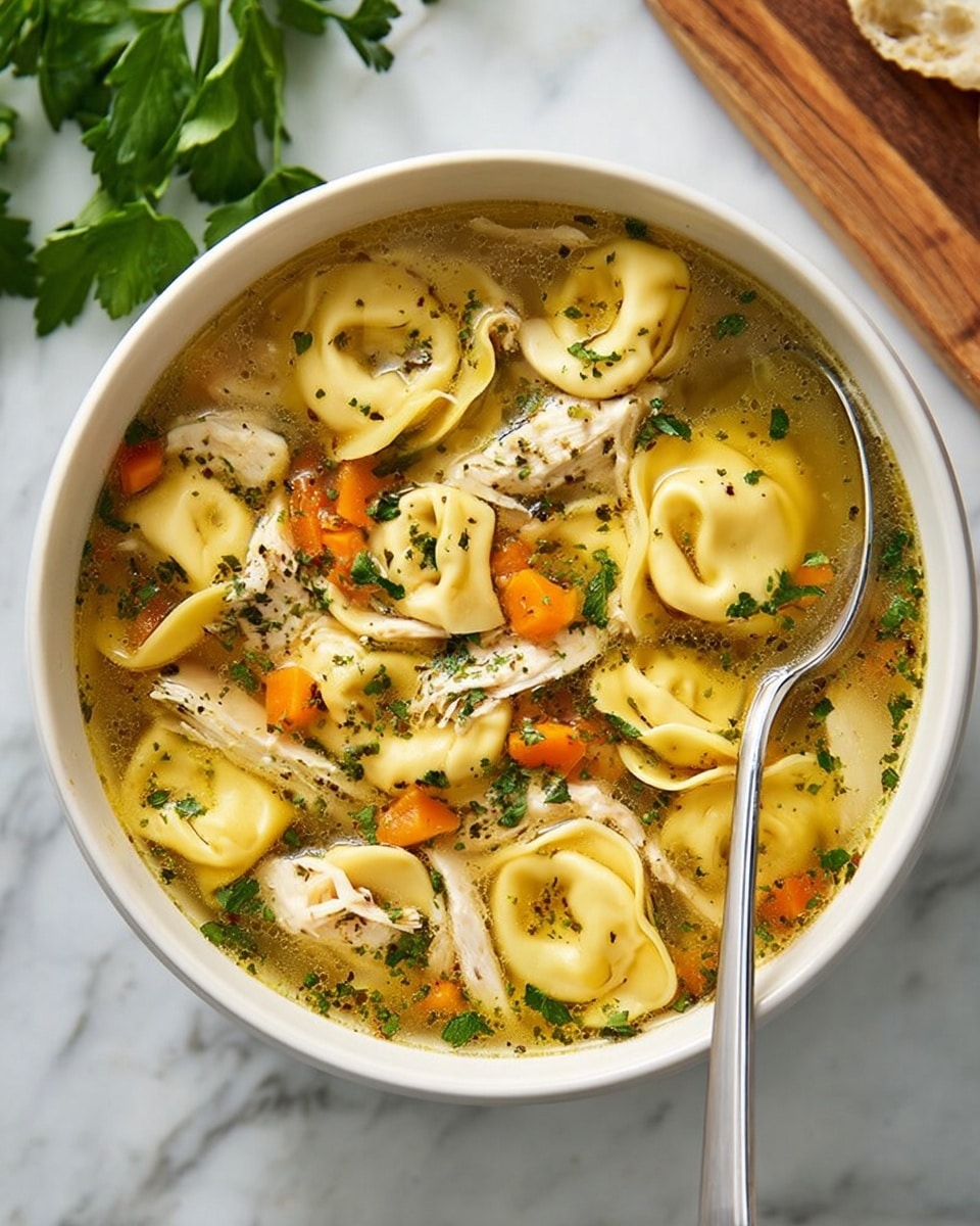 A white bowl filled with clear broth soup containing multiple layers of yellow tortellini pasta, shredded white chicken pieces, small orange carrot chunks, and bits of green herbs sprinkled on top. A silver spoon rests inside the bowl on the right side. The bowl sits on a white marbled surface with some green leaves in the background and a wooden board near the top right corner. The soup looks warm and fresh. Photo taken with an iphone --ar 4:5 --v 7