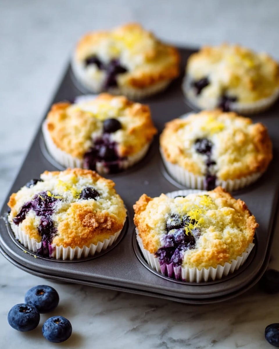The image shows a gray metal muffin tray holding seven baked blueberry muffins with lemon zest on top. Each muffin is in a white paper liner and has a golden-brown top with a rough texture. The blueberries are baked inside them and some are visible whole on the surface, showing a deep purple color. Around the tray, a few loose blueberries are scattered. The background is a white marbled surface, softly lit with natural light. Photo taken with an iphone --ar 4:5 --v 7