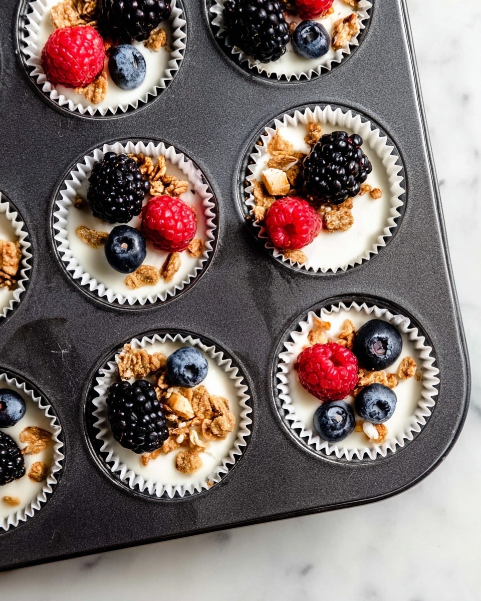 The image shows a dark muffin tray with white paper liners filled with a creamy white layer topped with fresh berries and granola. Each liner contains a base layer of smooth white yogurt or cream. On top of this layer, there are different combinations of berries including blackberries, blueberries, and raspberries, placed in clusters near the center. Scattered around the berries are small chunks of crunchy granola in light brown color, adding texture and contrast. The tray is set on a white marbled surface that brightens the scene. photo taken with an iphone --ar 4:5 --v 7