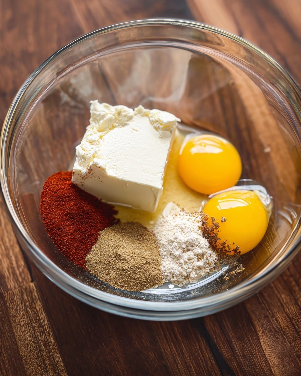 A clear glass bowl sits on a wooden surface, containing several ingredients layered separately: two bright yellow egg yolks on the right side, a creamy white block of cream cheese slightly off-center to the left, and small piles of ground spices and salt overlapping near the front edge of the cream cheese. The spices include a light brown powder, a deep red powder, and beige whole peppercorns. The bowl shows reflections of the wooden surface around it. Photo taken with an iphone --ar 4:5 --v 7