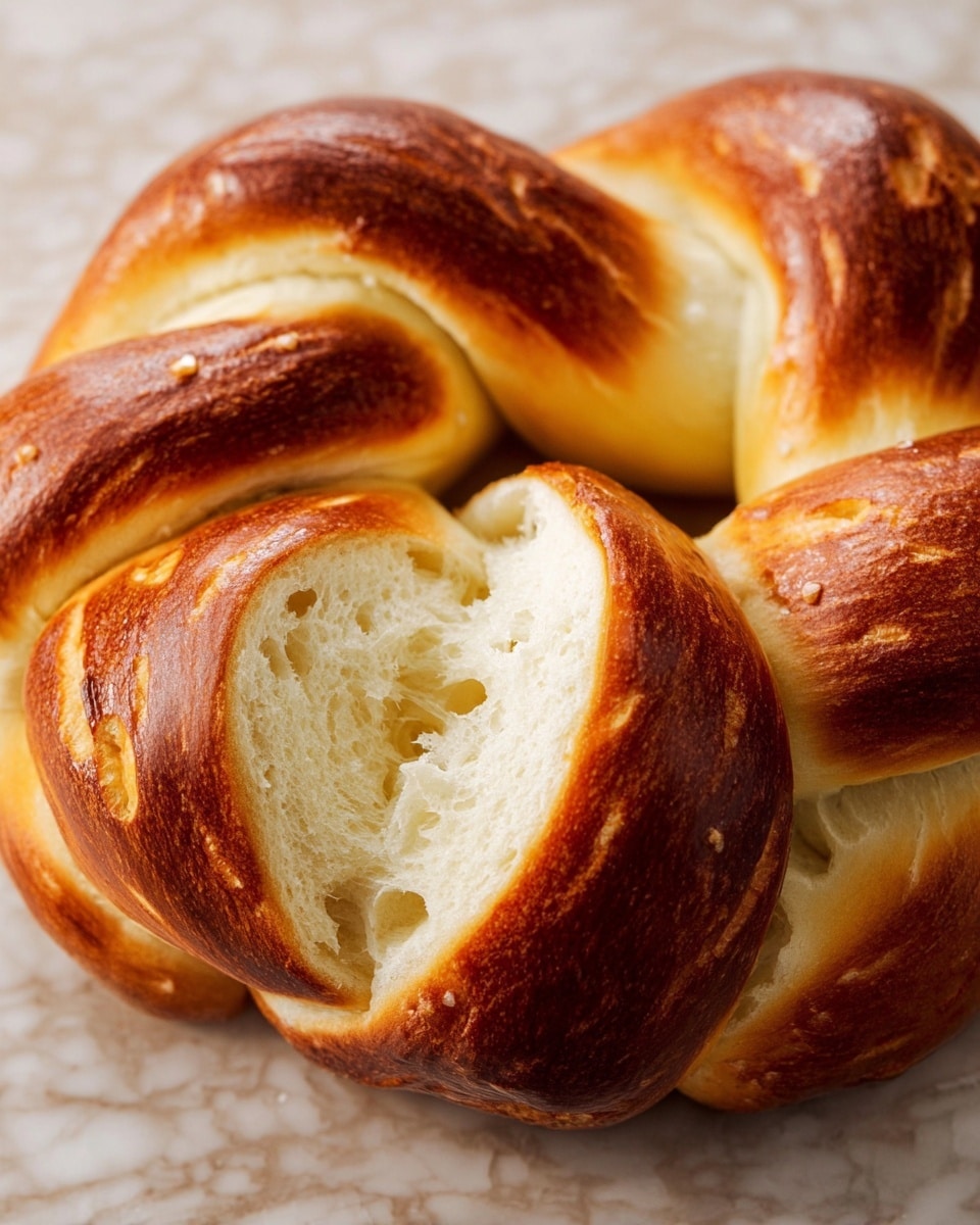 The image shows a close-up view of a pretzel with a rich, shiny brown crust layered on top of soft, white, fluffy bread. The pretzel is made of thick, rounded segments that are twisted and connected in a circular pattern, creating five visible loops with smooth, golden-brown surfaces. The inner side of each segment has a light, airy texture with visible small holes, showing the softness inside. The pretzel rests on a white marbled textured surface, highlighting its warm, baked colors. photo taken with an iphone --ar 4:5 --v 7