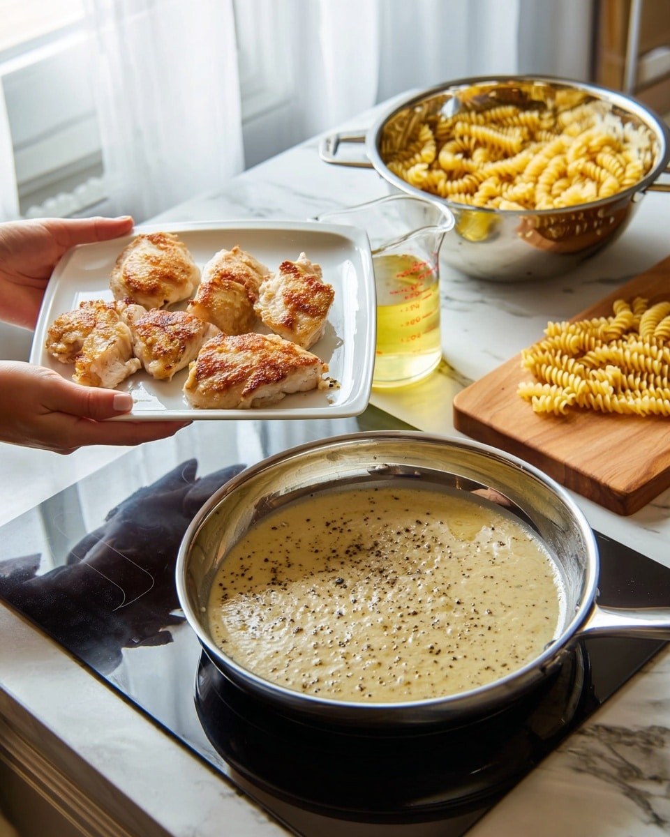 A woman's hand is holding a white square plate with four pieces of golden-brown cooked chicken arranged in two rows. Below it, a silver frying pan on a black stovetop contains a bubbling creamy light beige sauce, with small specks of seasoning visible. Behind, a silver colander filled with yellow spiral pasta rests on a white marbled surface next to a clear glass measuring cup filled with a yellow liquid. In the background, a wooden cutting board holds a small pile of uncooked spiral pasta on the same white marbled texture. Soft light is coming through a window with white curtains. photo taken with an iphone --ar 4:5 --v 7