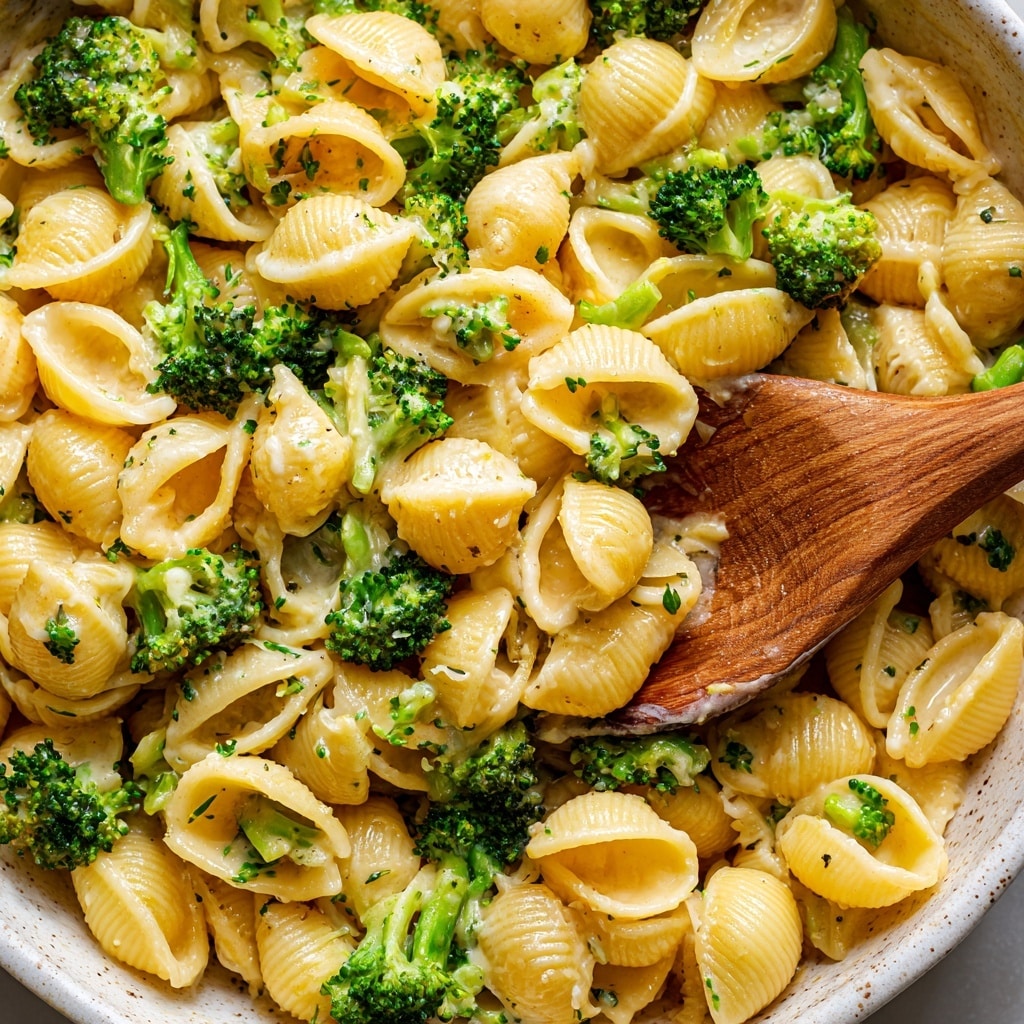 The image shows a close-up of pasta shells mixed with small broccoli pieces, all coated in a creamy light yellow sauce. The pasta shells are soft and shiny, layered evenly with bright green broccoli florets distributed throughout. A wooden spoon lifts a portion from the mix, revealing the smooth texture of the sauce clinging to both the pasta and broccoli. The dish is inside a bowl with a slightly visible white marbled texture around the edges. The overall look is warm and creamy with green and yellow tones. photo taken with an iphone --ar 4:5 --v 7