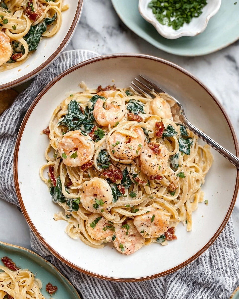 The image shows two white plates with a rim holding creamy pasta topped with small pink shrimp and wilted green spinach. The pasta is light yellow and layered in the center of each plate, covered with a smooth cream sauce. Scattered on top are small pieces of reddish-brown bacon or sun-dried tomato, adding color contrast. A silver fork rests inside the plate at the bottom of the image. Around the plates are a small white dish with chopped herbs, a clear glass filled with a light drink and ice, and a green bottle, all placed on a white marbled surface. Photo taken with an iphone --ar 4:5 --v 7