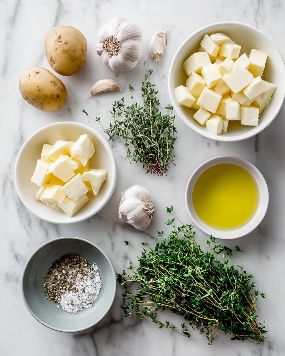 The image shows several white bowls and items arranged on a white marbled surface. In the top left, there are two small potatoes, one whole and one cut showing a white inside, beside a whole garlic bulb and a single garlic clove. Next to these is a small bunch of green herb sprigs. Below, there is a white bowl filled with pale yellow butter cubes and another white bowl containing chunks of peeled potatoes. To the right, there is a white bowl with a yellow liquid, likely oil. Near the bottom center, a grey bowl contains a mix of white salt and herbs. On the right side, there is a larger pile of fresh green herb sprigs. photo taken with an iphone --ar 4:5 --v 7