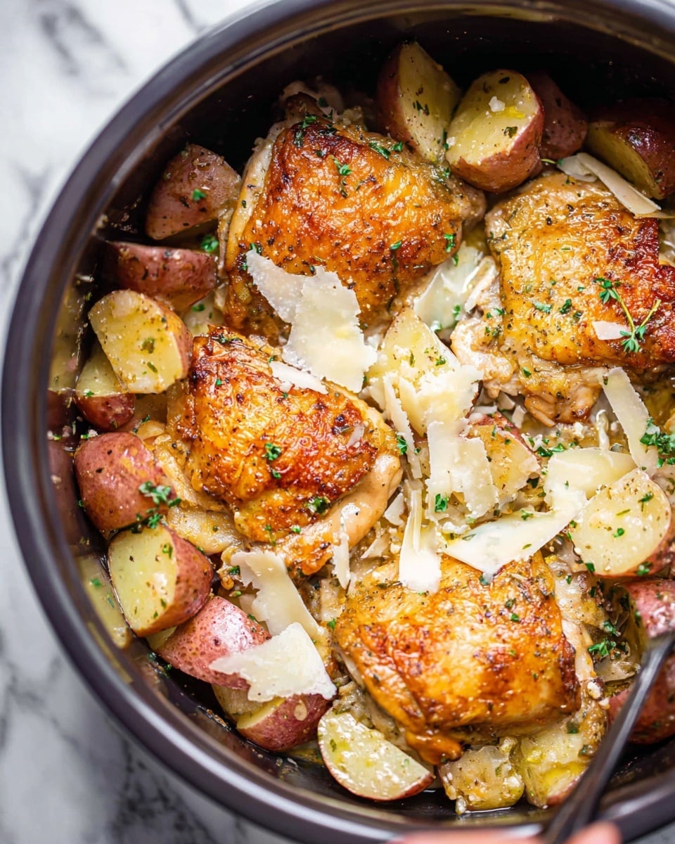 This image shows a close-up of a cooked dish in a deep pan with four golden-brown chicken thighs on top. Around and under the chicken pieces are thick slices of cooked red potatoes with skin on, some pieces broken open to show a soft inside. The chicken and potatoes are sprinkled with small green parsley bits and thin shavings of white cheese, giving texture and color contrast. The chicken skin looks crisp and shiny while the potatoes have a soft, creamy texture. The background is a white marbled surface. Photo taken with an iphone --ar 4:5 --v 7