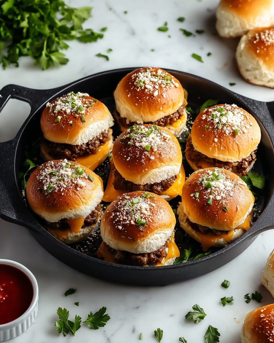 The image shows a close-up of a small sandwich with three layers. The bottom layer is a soft, light brown bun. On top of it is a brown, juicy meat patty with a slightly crispy texture. The middle layer has melted light yellow cheese that drips over the sides. The top layer is a shiny golden brown bun sprinkled with small bits of white cheese and green herbs. The sandwich rests on a white marbled surface with parts of other similar sandwiches around it. Photo taken with an iphone --ar 4:5 --v 7