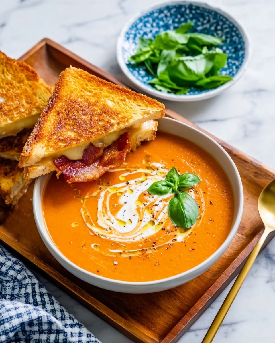 The image shows a white bowl filled with smooth, bright orange tomato soup, topped with a swirl of white cream and a drizzle of olive oil, sprinkled with black pepper, and garnished with two fresh green basil leaves on the side. On top of the bowl, leaning slightly, there is a toasted sandwich with golden-brown crispy bread, melted pale yellow cheese, and visible crispy reddish bacon inside. The bowl and sandwich sit on a wooden tray placed on a white marbled surface. To the side, there is a blue and white patterned bowl filled with fresh green basil leaves and a gold spoon lying next to a blue and white checkered cloth. photo taken with an iphone --ar 4:5 --v 7