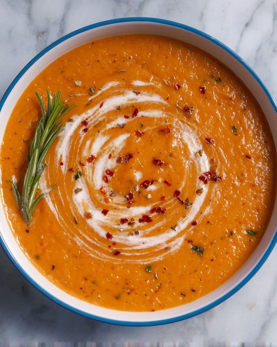 A bowl filled with one smooth layer of thick orange soup that shows small bits of herbs and spices inside. On top, a swirl of white cream circles inward near the edge and the middle, decorated with small red pepper flakes scattered unevenly. A small green rosemary sprig rests on the left side, slightly angled. The bowl is white and sits on a white marbled surface. Photo taken with an iphone --ar 4:5 --v 7
