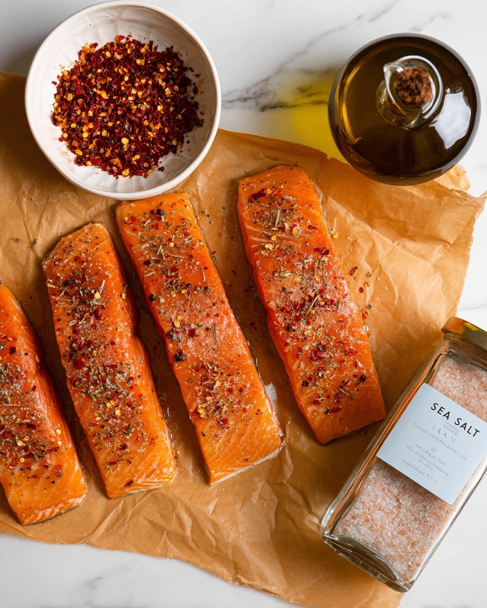 A black pan filled with four pieces of orange salmon, each topped with a white creamy sauce and sprinkled with red chili flakes and green herbs. The salmon pieces sit in a light yellow cream sauce that covers the bottom of the pan. Around the pan on a white marbled surface, there is a white bowl with grated cheese, two lemon slices, a white sea salt container, and a dark brown bowl filled with red chili flakes. The scene is brightly lit, showing the textures of the creamy sauce and the salmon skin. Photo taken with an iphone --ar 4:5 --v 7