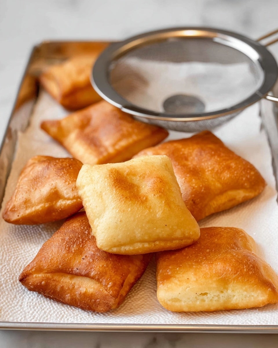 The image shows several golden brown square-shaped fried dough pieces with puffed, slightly uneven surfaces, sitting on a white paper towel-lined metal tray. Each piece is thick with a light, airy texture inside visible through the puffed sides. In the background, a round metal skimmer is resting on the tray, providing a shiny contrast. The tray is placed on a white marbled surface. photo taken with an iphone --ar 4:5 --v 7