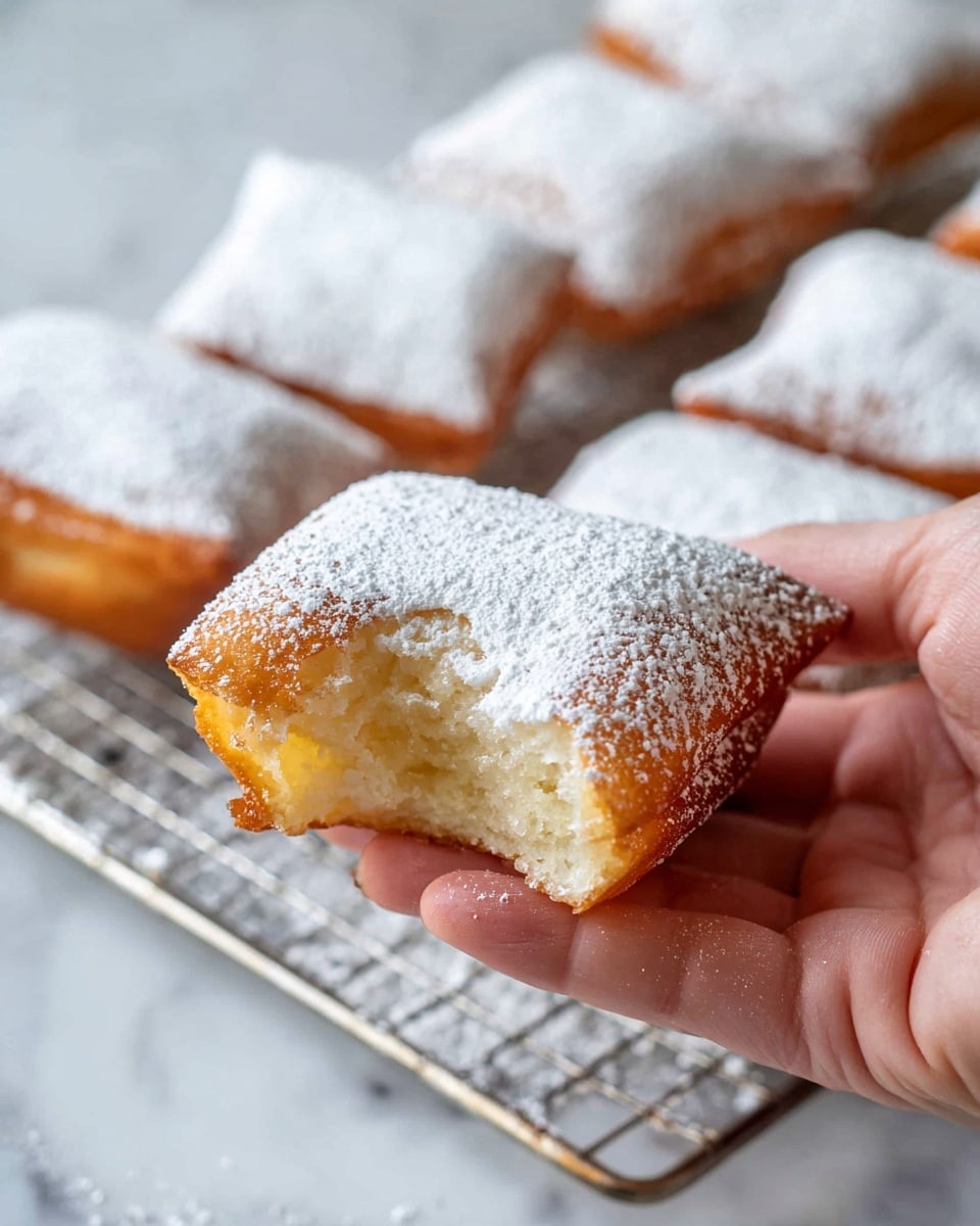 A close-up of a golden-brown, square-shaped pastry with a soft, airy inside and a bite taken out of one corner, held by a woman's hand. The top of the pastry is covered in a thick layer of white powdered sugar that creates a soft, powdery texture. In the background, more similar pastries are lined up on a metal cooling rack, all dusted evenly with powdered sugar. The entire scene is set on a surface with a white marbled texture. photo taken with an iphone --ar 4:5 --v 7