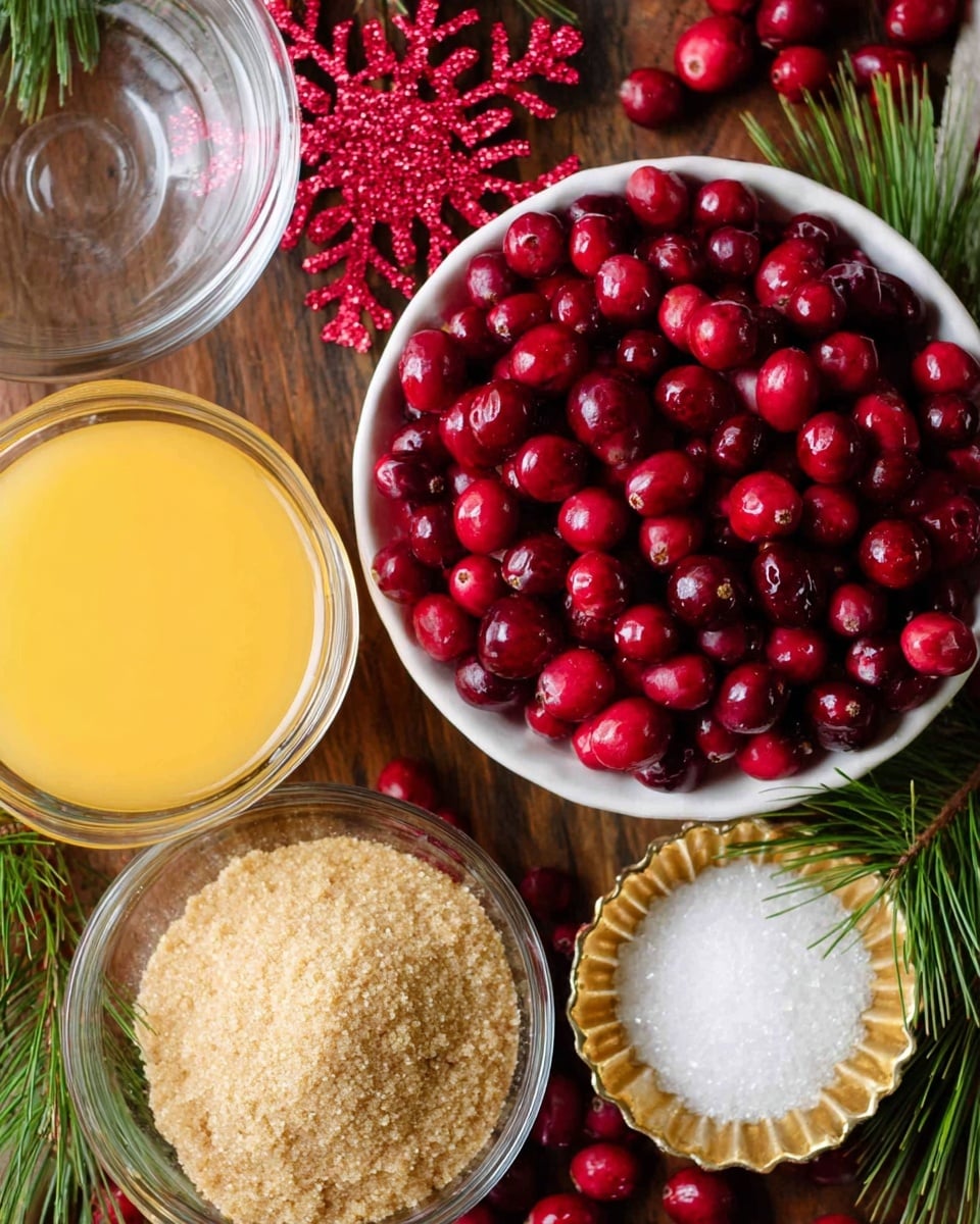 A top view of five bowls arranged on a wood surface with a red snowflake decoration and some green pine at the edges. At the top right is a white bowl full of shiny, bright red cranberries, with a few scattered around the bowls. Below it, a small bowl with a golden rim holds white granulated sugar, and to the left of that is a clear glass bowl filled with light brown sugar. At the bottom left is a clear glass filled with orange juice. At the very top left, there is a clear glass bowl that is empty, showing the wood underneath. Photo taken with an iphone --ar 4:5 --v 7
