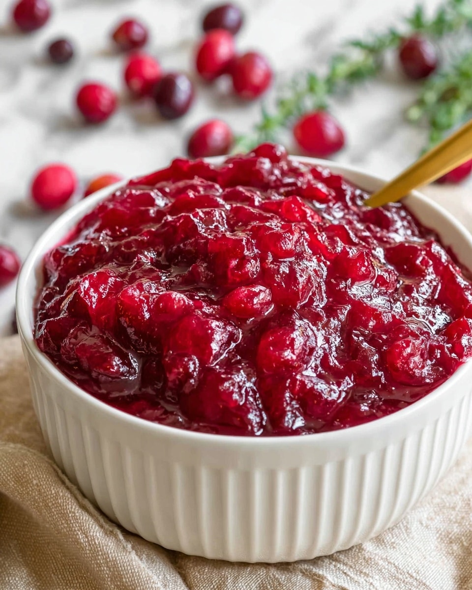 A close-up view of a white ribbed bowl filled with chunky bright red cranberry sauce, showing both whole and crushed pieces giving a textured and glossy look, placed on a beige cloth with some green herbs and whole cranberries blurred in the white marbled background, a gold spoon partially visible inside the bowl. photo taken with an iphone --ar 4:5 --v 7