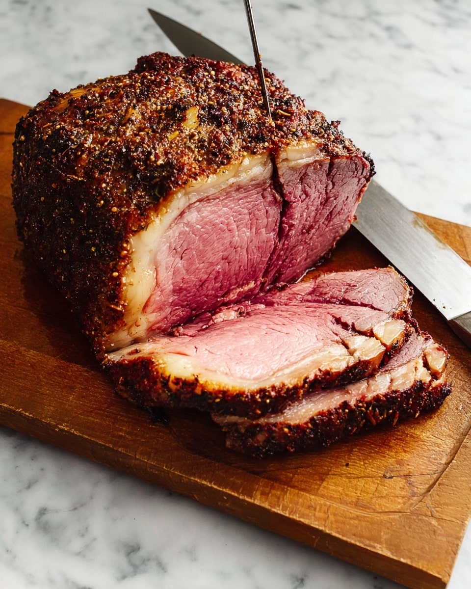 A large piece of roasted beef with a dark, spicy crust sits on a wooden cutting board over a white marbled surface. The roast is sliced to show two layers: a thick, juicy pink middle and a thinner outer brown layer with a strip of white fat between them. A long, sharp knife rests against the meat, partly under one of the slices. The texture of the crust is rough with visible spices, while the meat inside looks tender and slightly moist. photo taken with an iphone --ar 4:5 --v 7