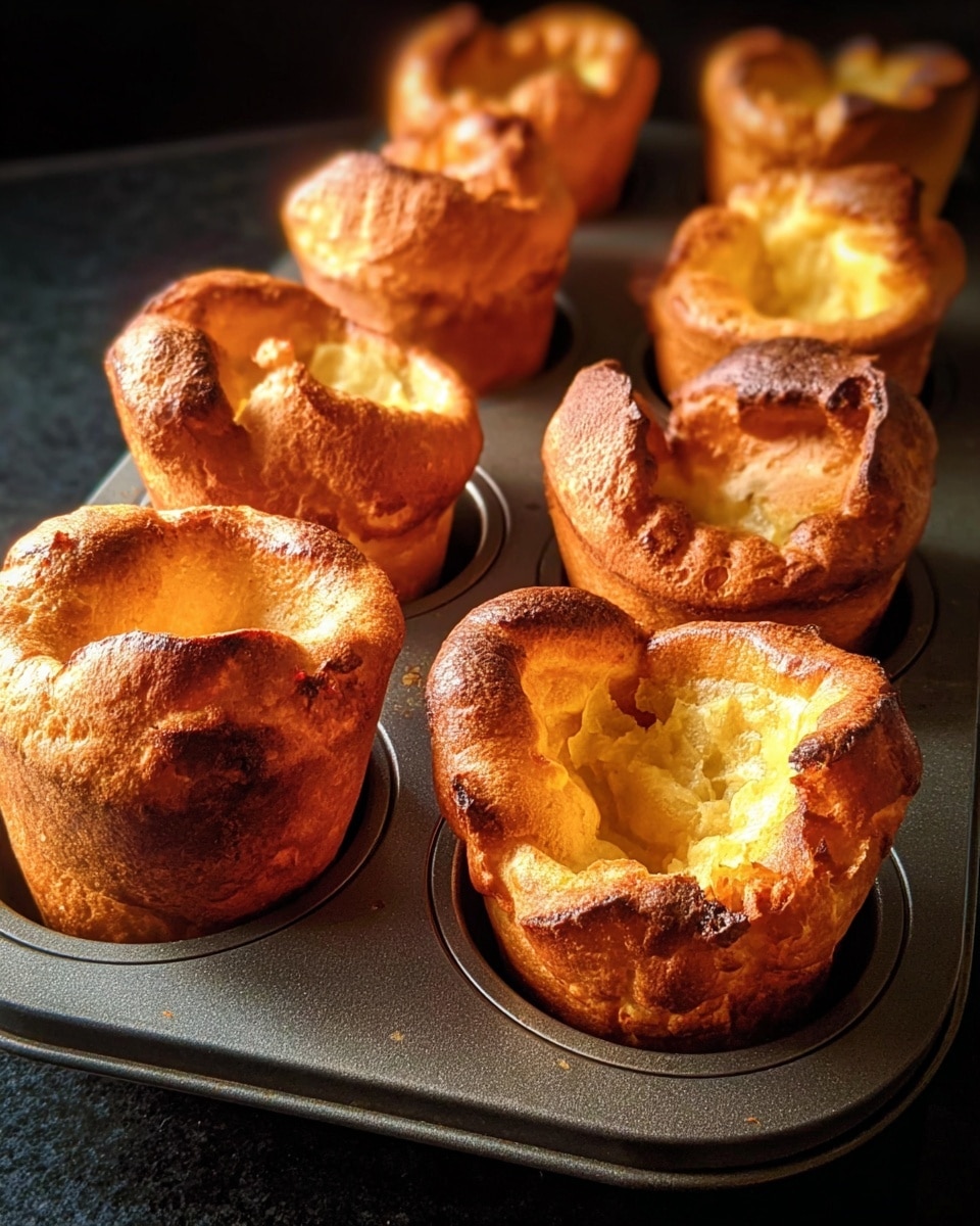 The image shows a close-up of a metal baking tray filled with golden brown popovers. Each popover has a tall, puffed-up shape with a shiny, crisp outer layer and a few light cracks on the surface. The popovers are arranged closely in the tray's round cups, with soft, lighter yellow parts visible inside the taller browned crusts. The tray is set on a white marbled surface, and warm light highlights the texture and color of the baked pastries. Photo taken with an iphone --ar 4:5 --v 7
