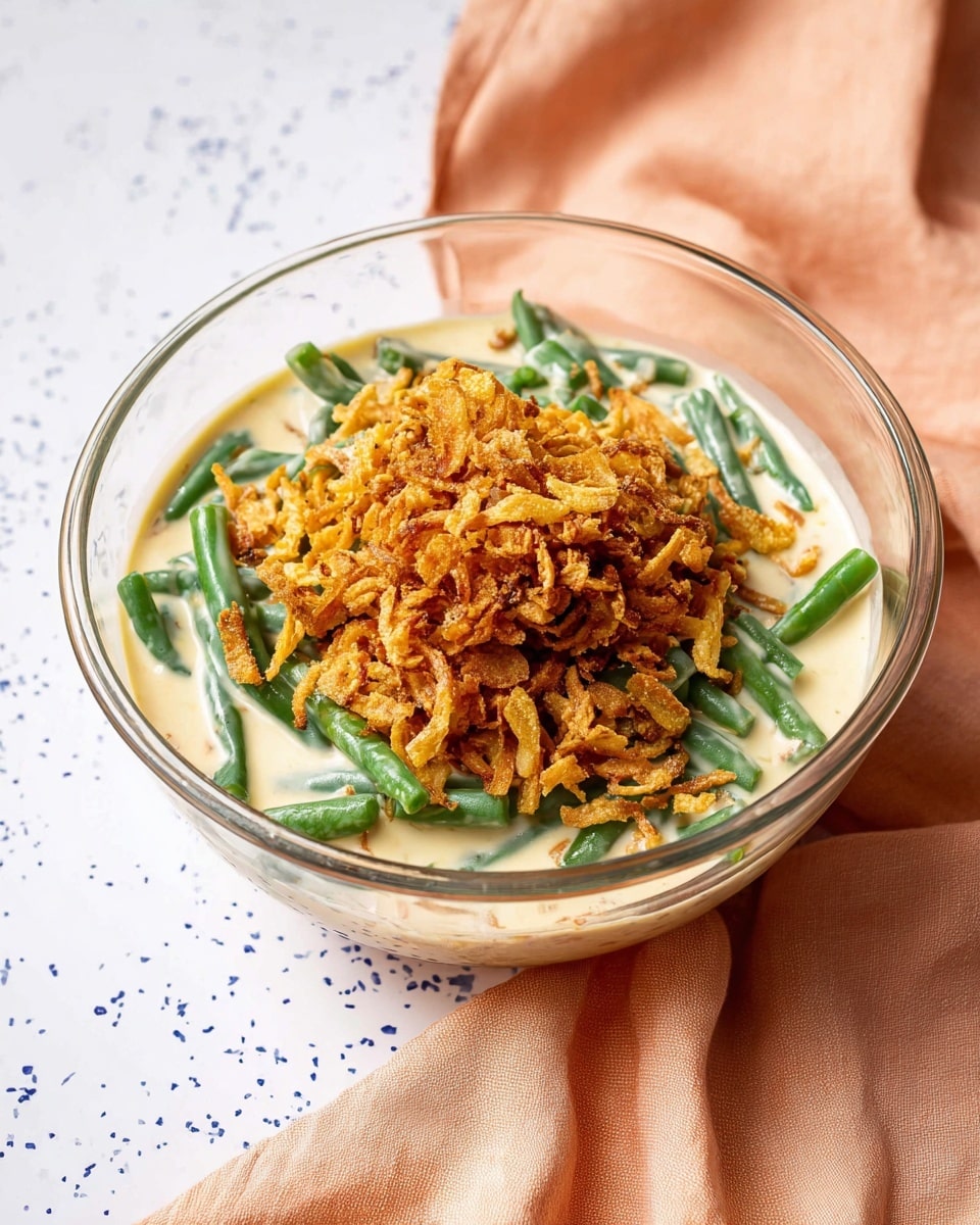 A clear glass bowl sits on a soft peach cloth over a white marbled surface with small blue specks. Inside the bowl, there is a creamy light beige sauce layer filled with chopped green beans, which are bright green and spread evenly in the sauce. On top of the green beans and sauce, a thick mound of crispy golden-brown fried onions is piled in the center, adding a crunchy texture contrast. The bowl's clear sides show all layers clearly from above. photo taken with an iphone --ar 4:5 --v 7