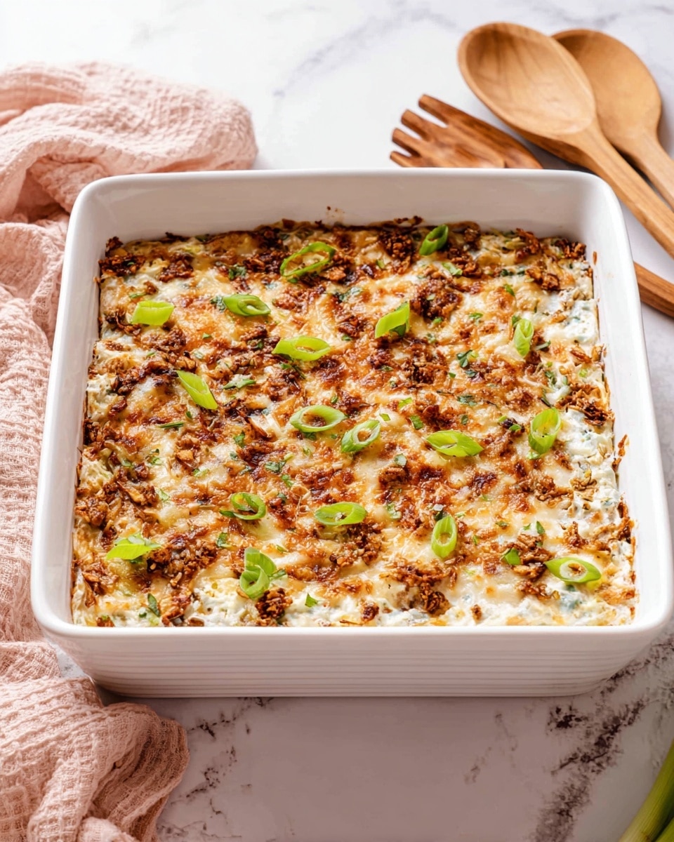 A white square ceramic baking dish holds a baked casserole with a single thick layer topped with melted light golden cheese that is slightly browned in spots. Scattered over the top are thin green slices of fresh scallions, adding a pop of color against the creamy cheese and textured bits of toasted ingredients underneath. The casserole surface shows a mix of creamy and crunchy textures. The dish is placed on a white marbled surface with a light pink cloth and wooden utensils nearby. Photo taken with an iphone --ar 4:5 --v 7