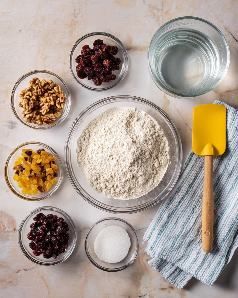 The image shows nine transparent round bowls and one transparent measuring cup placed on a white marbled surface. The center bowl is the largest and filled with white flour, while below it is a medium bowl with light brown flour. To the left, four small bowls hold chopped walnuts, pecans, yellow raisins, and dark dried cranberries, arranged vertically from top to bottom. At the bottom right of the medium bowl, two very small bowls contain white salt and light beige yeast. At the top right side, the measuring cup is filled with clear water. On the far right rests a yellow spatula with a light brown wooden handle lying on a white towel with blue stripes. Photo taken with an iphone --ar 4:5 --v 7