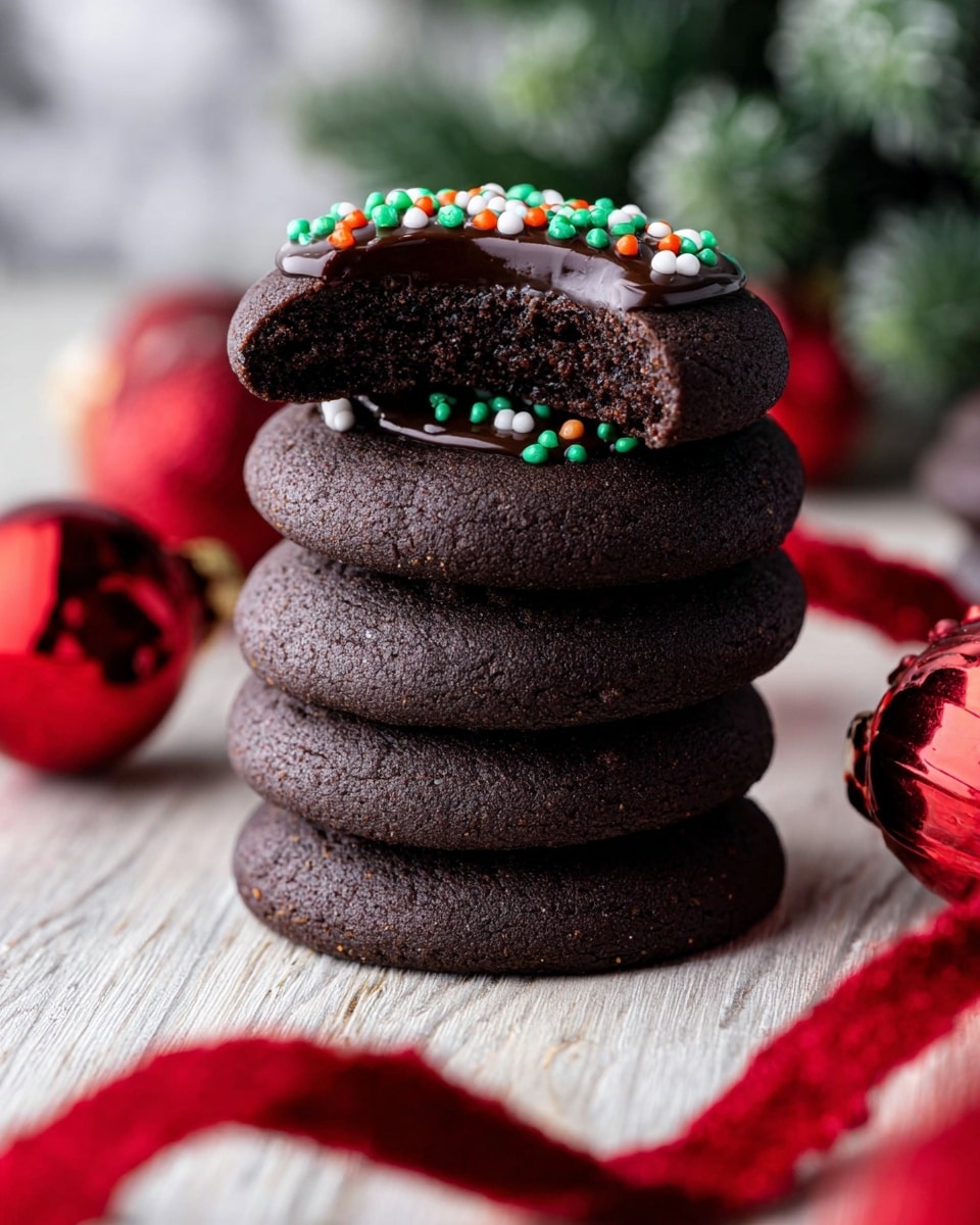 A white round board holds about 15 dark brown round cookies with a deep well in the center filled with shiny dark chocolate. Each chocolate center is topped with small red, green, and white round sprinkles. To the top right, a white bowl filled with more red, green, and white round sprinkles is partially shown. In the top left, a white plate holds more of the same cookies. The background is a white marbled texture with a wooden surface and a red ribbon on the left side, along with a small red Christmas ornament and green pine branches blurred at bottom right. Photo taken with an iphone --ar 4:5 --v 7