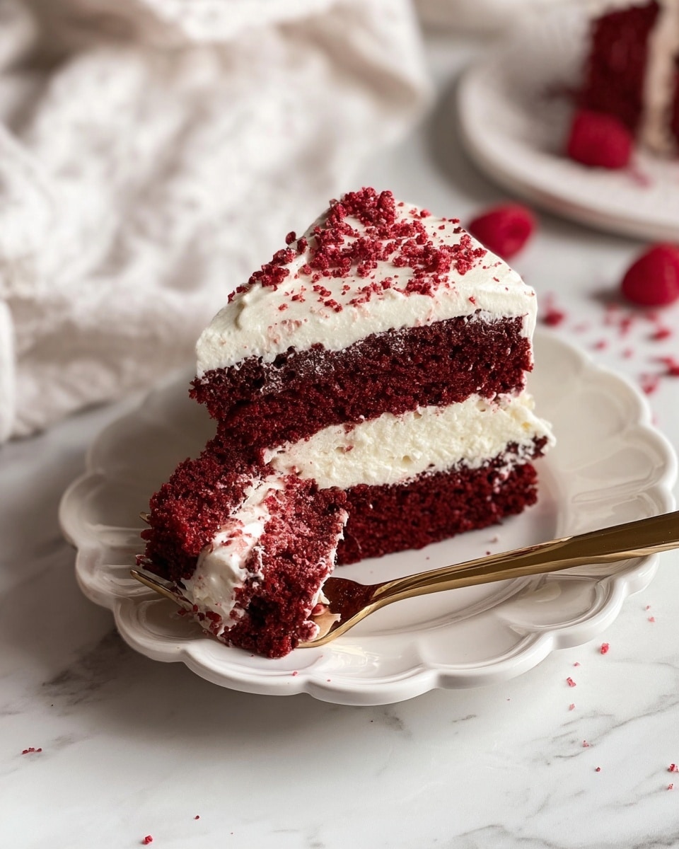 A slice of red velvet cake is on a white scalloped plate resting on a white marbled surface. The cake has two thick layers of dark red sponge separated by a creamy white frosting layer. The top layer of frosting is fluffy and piped with soft peaks, sprinkled with red cake crumbs. A gold fork holds a bite of the cake, showing moist texture and creamy frosting dripping slightly. In the background, there are a few scattered red raspberries and red crumbs on a white cloth, adding a soft touch. Photo taken with an iphone --ar 4:5 --v 7