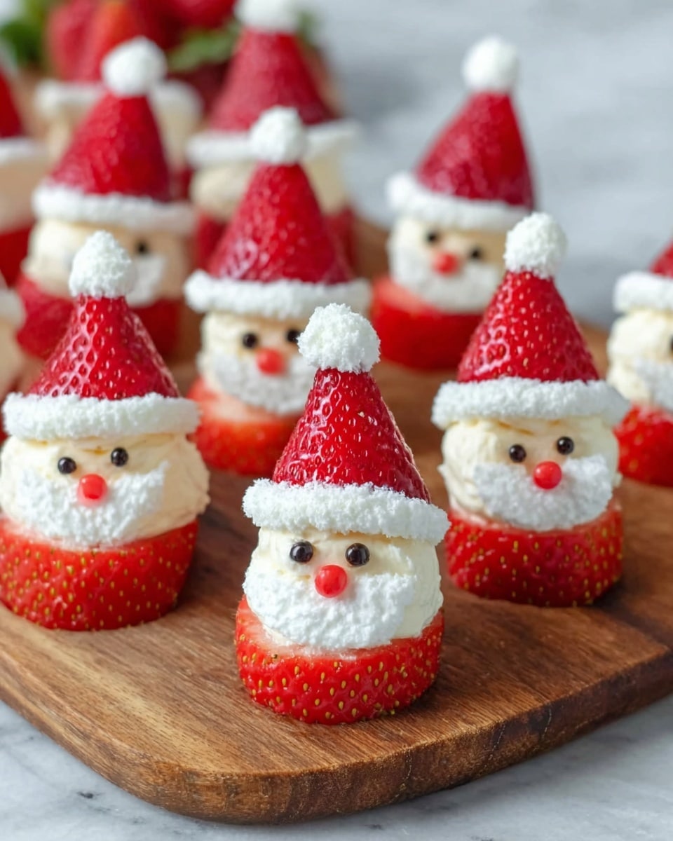 The image shows small strawberry treats shaped like Santa Claus faces, arranged on a wooden board. Each treat has three layers: the bottom layer is a round slice of strawberry, the middle layer is white cream that looks fluffy and fills the space between the strawberry layers, and the top layer is a cone-shaped strawberry half placed like a hat. Small dots of dark color form eyes, and a tiny red dot serves as the nose on the cream face. Each strawberry hat is topped with a small dollop of white cream, adding a cute detail. The background is a white marbled surface, and the focus is on the front row of strawberry Santas while the background ones are softly blurred. photo taken with an iphone --ar 4:5 --v 7