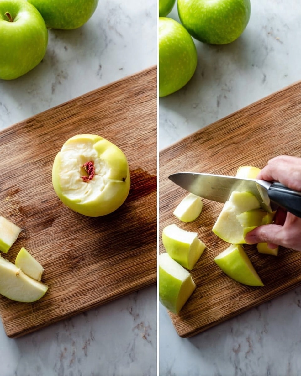 The image shows two scenes side by side on a white marbled surface. On the left, a peeled apple with a small red core on top is placed on a wooden cutting board, and a knife is cutting into it vertically. Behind the apple are several green apples arranged in the background. On the right side, a woman's hand is holding a peeled apple while the knife is cutting it vertically again, with pieces of the apple lying on the board nearby. The wood texture of the cutting board contrasts with the smooth green apples and the peeled pale yellow apple. Photo taken with an iphone --ar 4:5 --v 7