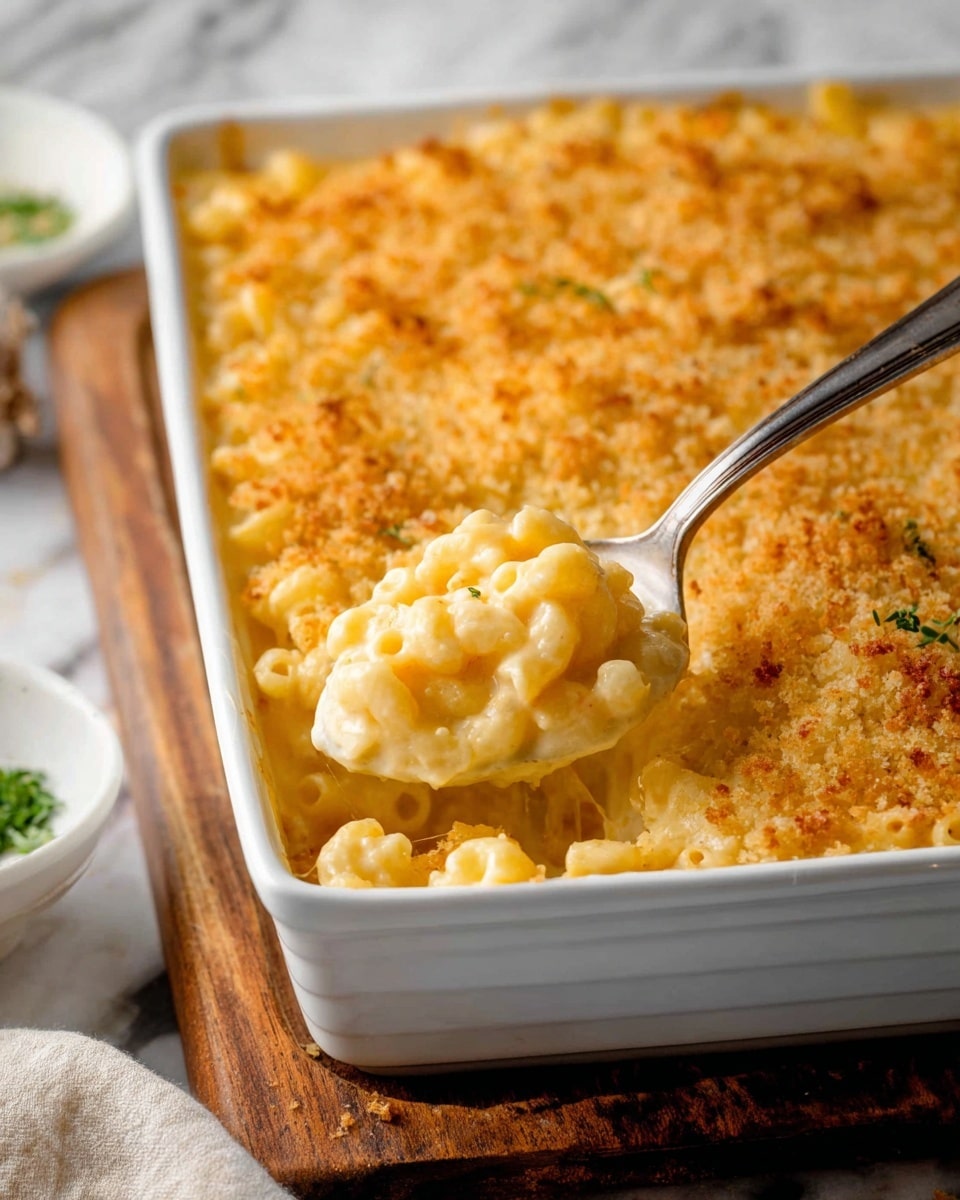 The image shows a white rectangular baking dish filled with macaroni and cheese. The top layer is golden brown and crispy from baked breadcrumbs. Inside, the cheese sauce is creamy and thick, coating the pasta, which is elbow-shaped and soft. A silver spoon is scooping out a portion, revealing the smooth and creamy cheese underneath the crunchy top. The dish is set on a wooden surface with a white marbled texture background. Nearby, there is a small white bowl with green garnish. Photo taken with an iphone --ar 4:5 --v 7