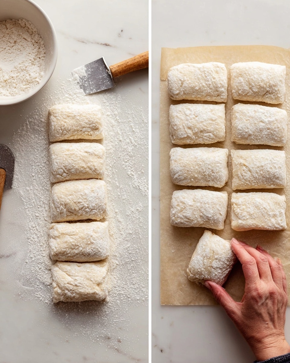 The image shows two side-by-side photos of dough pieces on a white marbled surface. The left side has eight rectangular pieces of dough arranged in two columns and four rows, lightly dusted with flour, and a white bowl with flour in the top left corner; a wooden-handled dough cutter is partially visible at the bottom right. The right side shows nine dough pieces spaced out in three columns and three rows on a sheet of parchment, with a woman's hand gently holding one rectangle at the bottom right and a blade scraper next to it. The dough pieces have a soft, slightly floury texture, pale beige color, and a slightly uneven surface. photo taken with an iphone --ar 4:5 --v 7