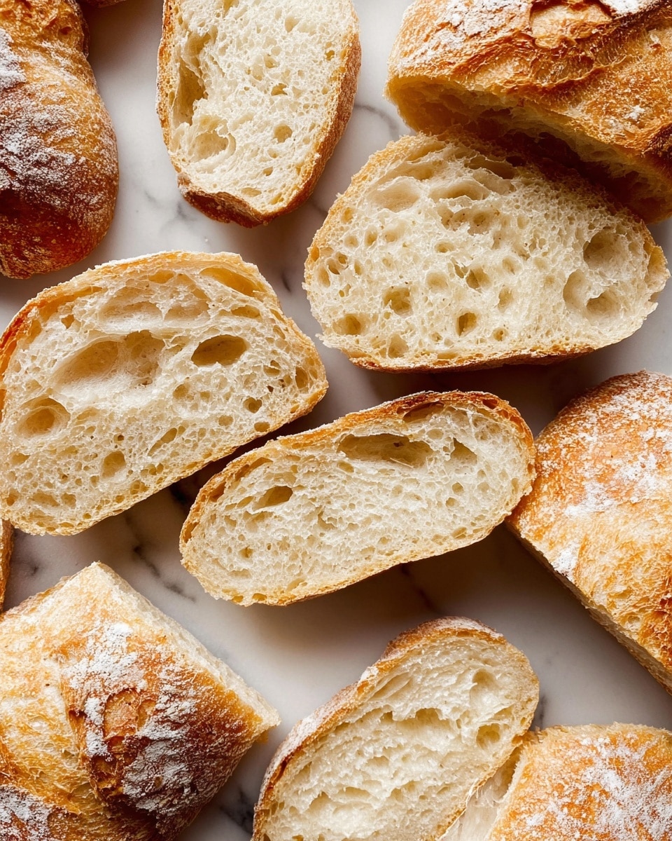 The image shows several pieces of bread cut open and placed on a white marbled surface. Each piece has a golden brown crust dusted lightly with flour and a soft, airy inside with many holes of different sizes. The bread pieces vary in shape, some round and some more oval. The crust looks crisp, and the inside looks light and fluffy with a slightly chewy texture. The arrangement is close together, filling the frame with the bread pieces. Photo taken with an iphone --ar 4:5 --v 7