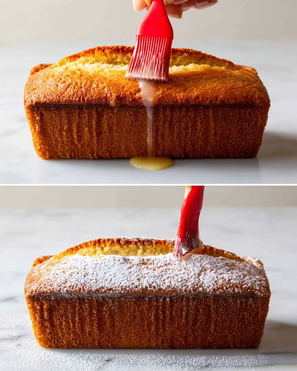 The image shows two views of a golden brown loaf cake with a slightly cracked top. In the top part, a woman's hand holds a red brush and is applying a glaze to the loaf’s top surface, which is shining slightly. The cake has a rough, textured crust that is darker on the edges and lighter in the middle. In the bottom part, the same loaf is shown dusted with white powdered sugar, which is scattered unevenly over the top and a little on the side. The cake is placed on a clean, white marbled surface with soft shadows beneath it. Photo taken with an iphone --ar 4:5 --v 7