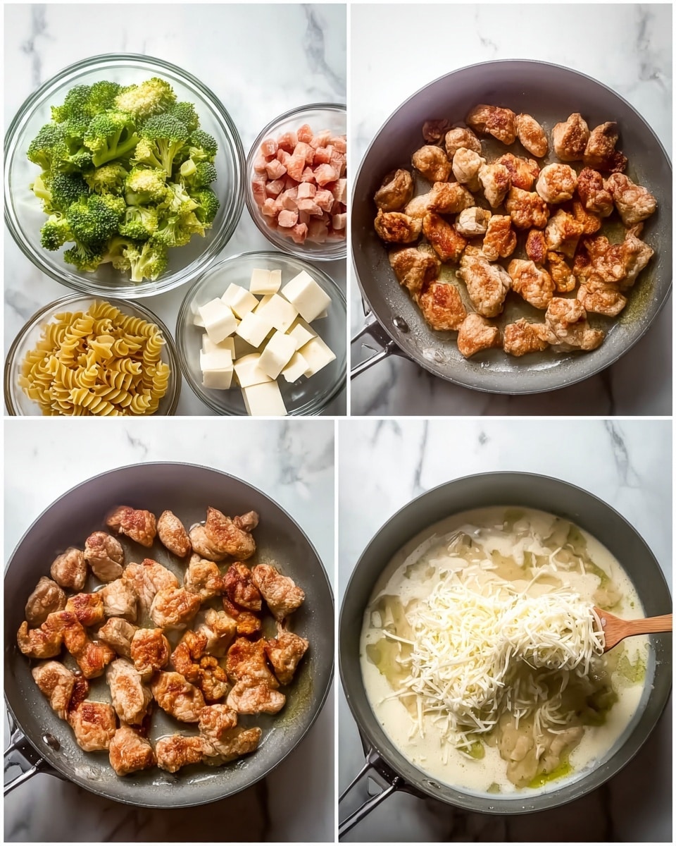 The dish is shown in six steps on a white marbled surface. First, there is a bowl with green broccoli and yellow twisted pasta. Next, a clear bowl holds small pink marinated meat cubes with a reddish coating. Third, pieces of cooked meat turn golden brown and are spread in a pan. Fourth, water is poured over the meat in the pan. Fifth, several white cubes of soft cheese are added on top of the cooked meat, which is arranged in a circle along the pan edges. Lastly, a spoon with shredded white cheese is held over the pan with a creamy sauce bubbling, partially covering the meat. Photo taken with an iphone --ar 4:5 --v 7