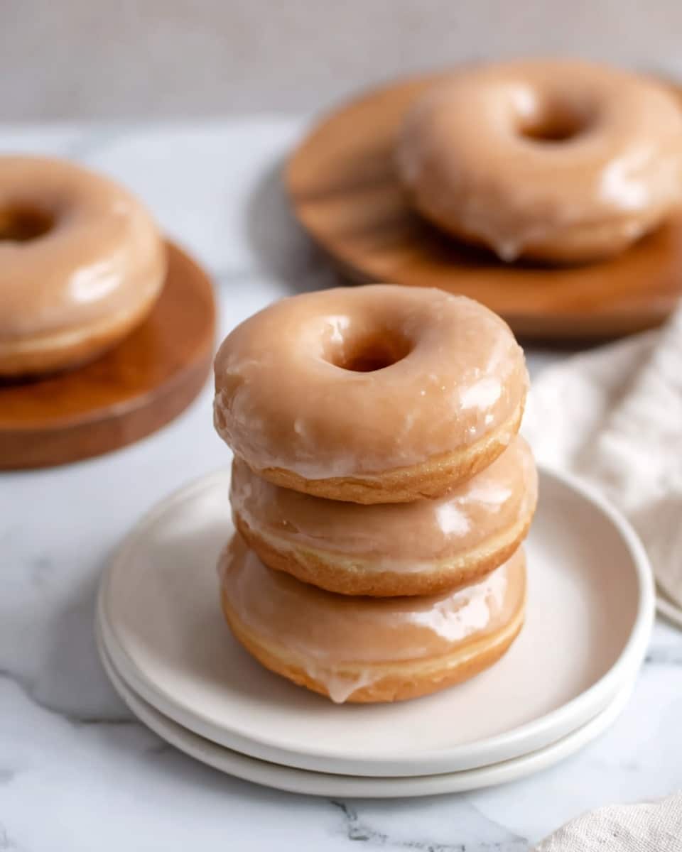 The image shows five round donuts with a smooth, shiny light brown glaze coating each one completely. Four donuts rest on a black cooling rack in the top part of the image, while one donut is placed alone on a small round board with gray and brown marble patterns in the bottom center. The donuts have a soft texture visible through the glaze, with a hole in the middle of each one. The background is a white marbled surface, and a white cloth with thin black stripes is draped casually on the right side. The lighting highlights the glossy glaze on the donuts. Photo taken with an iphone --ar 4:5 --v 7