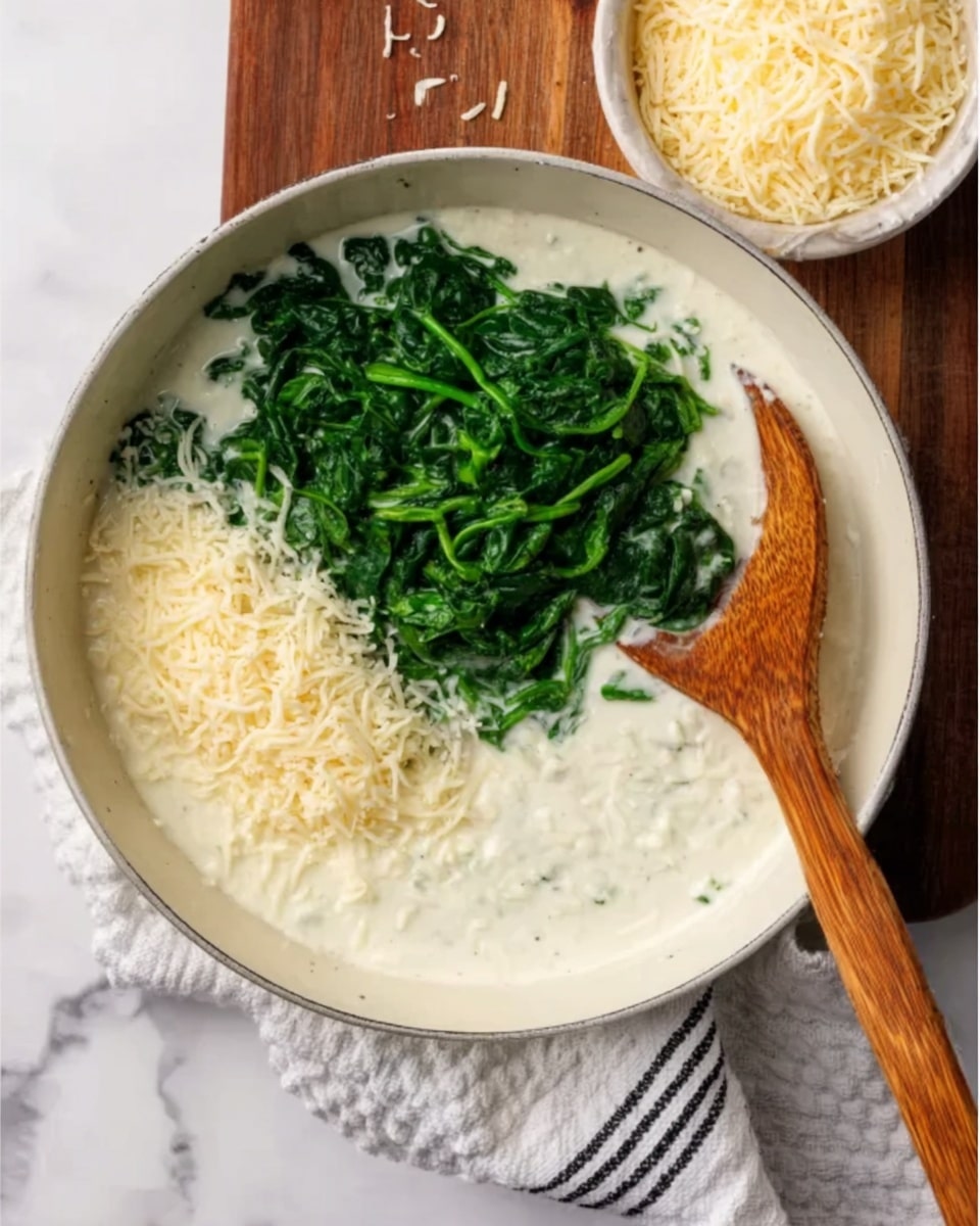 A white bowl filled with creamy white sauce that has a smooth texture, topped with two separate piles: one of bright green cooked spinach on the left and another of pale yellow shredded cheese on the bottom left side. A wooden spoon is resting inside the bowl on the right side with its handle pointing outward. The bowl is placed on a white marbled surface with a white and dark striped cloth partially visible under it near the bottom. In the top right corner, there is a small white bowl filled with more shredded pale yellow cheese. Photo taken with an iphone --ar 4:5 --v 7