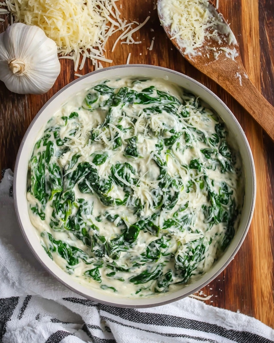 A white round bowl filled with creamy spinach dip that has a thick white sauce mixed with bright green spinach leaves folded throughout. Thin white shredded cheese is lightly sprinkled on top, adding texture to the smooth dip. The bowl rests on a wooden surface next to a whole garlic bulb, a pile of shredded cheese, and a wooden spoon covered with some of the creamy dip. A white cloth with black stripes is partially visible beneath the bowl. The overall mix looks rich and fresh with a contrast between the creamy white and dark green colors. photo taken with an iphone --ar 4:5 --v 7