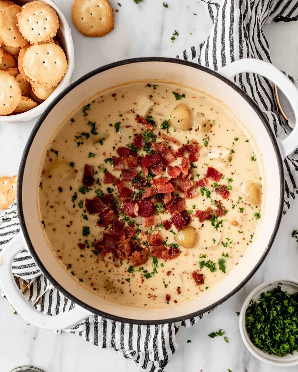 A close-up of a spoonful of thick creamy soup filled with small, soft white potato chunks, garnished with small crispy brown bacon bits and finely chopped green herbs scattered on top. The soup has a light beige creamy texture with visible small pieces of bacon and herbs. The spoon is held over a white marbled surface and a large white pot filled with more of the same creamy soup topped with green herbs and bacon bits is visible in the background. Photo taken with an iphone --ar 4:5 --v 7