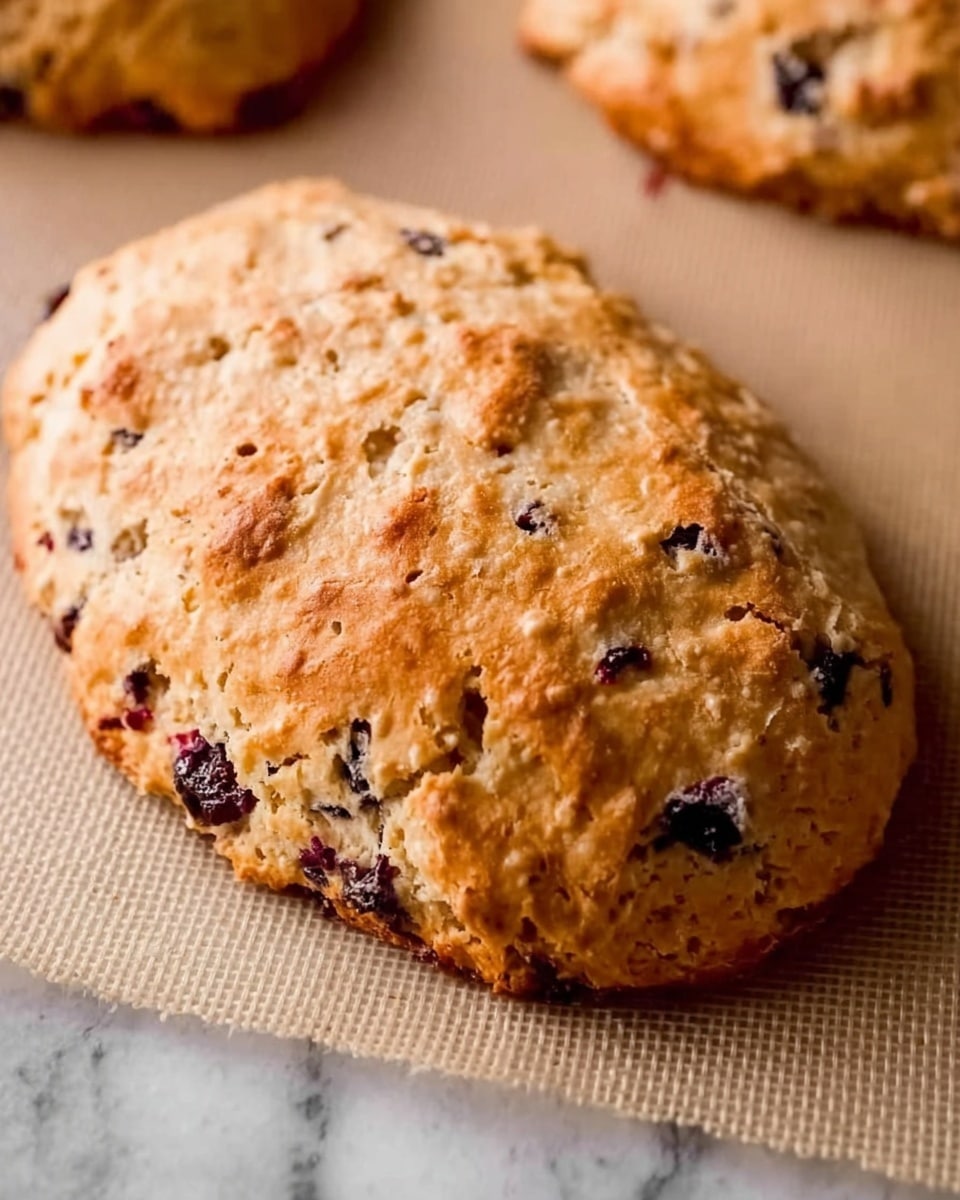 A close-up of a golden-brown baked scone with a slightly rough and cracked surface, showing dark berry pieces spread throughout the dough. The scone has a rustic, uneven oval shape and rests on a light beige baking mat with a subtle grid texture, placed on a white marbled surface. The texture looks crisp on the outside with softer, crumbly areas around the cracks. Photo taken with an iphone --ar 4:5 --v 7