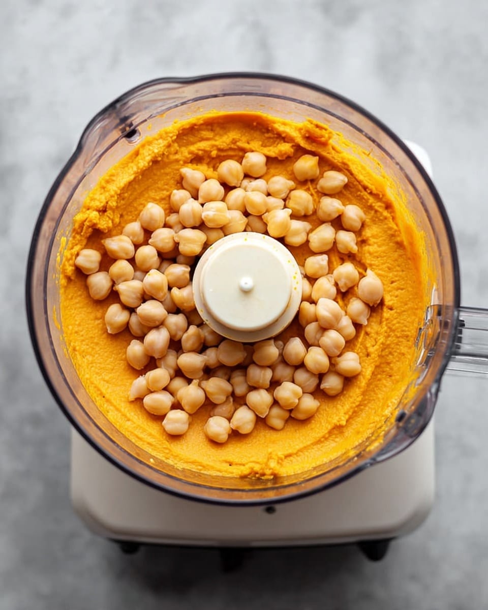 A clear food processor bowl sitting on a white base is filled halfway with a smooth, bright orange puree. On top of the puree is a layer of pale yellow chickpeas in a loose pile, covering part of the surface around the center blade. The background shows a white marbled texture. Photo taken with an iphone --ar 4:5 --v 7