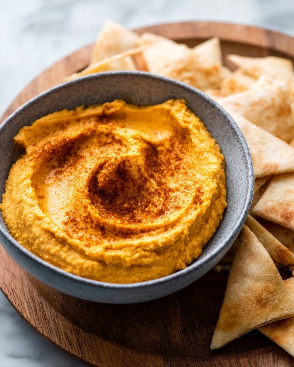 A gray bowl filled with smooth, thick orange hummus sprinkled with a layer of brown spice on top. The hummus has swirled pattern showing soft, creamy texture, sitting in the center of a round wooden board. Around the bowl, there are pale golden baked pita chips with crisp edges, arranged in a circle. The background is a white marbled texture. photo taken with an iphone --ar 4:5 --v 7
