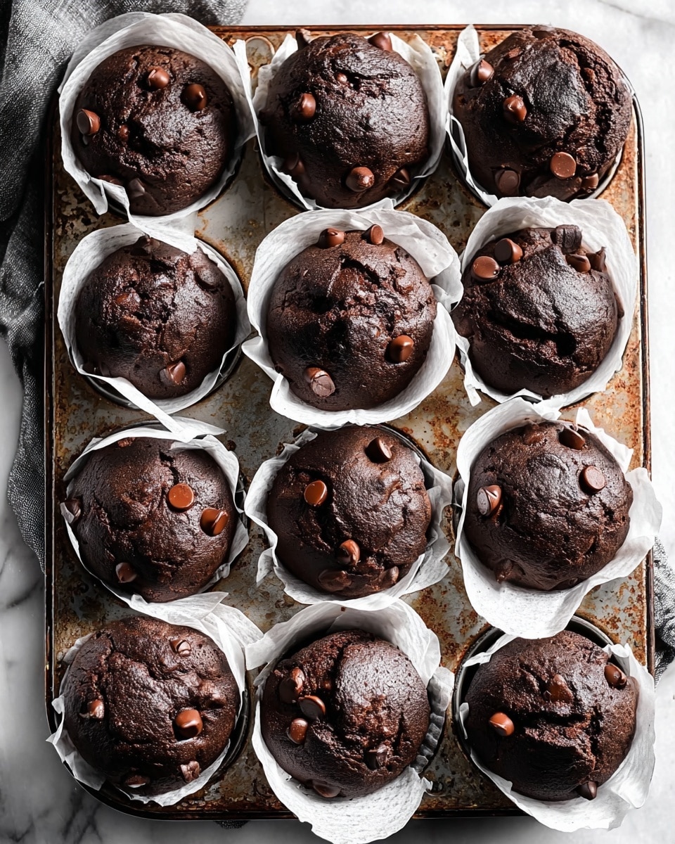 A close-up view of a dark chocolate muffin broken open to show its soft, moist texture inside with melted chocolate chips visible throughout. The muffin sits in white crinkled parchment paper with jagged edges that rise above the muffin's top. It is placed in a rusty muffin tin with a rough and worn surface. In the foreground, another whole chocolate muffin is visible, topped with a few chocolate chips and a light dusting of powdered sugar. The background is a white marbled texture, creating a clean and bright setting. photo taken with an iphone --ar 4:5 --v 7